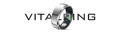 Silver ring with digital display on a white background, branded 'Vital Ring'.